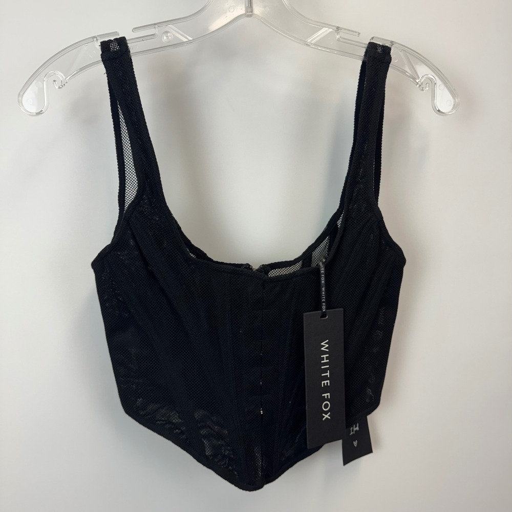White Fox Boutique Black Mesh Corset Crop Top Sleeveless Zipper Front Medium NWT
